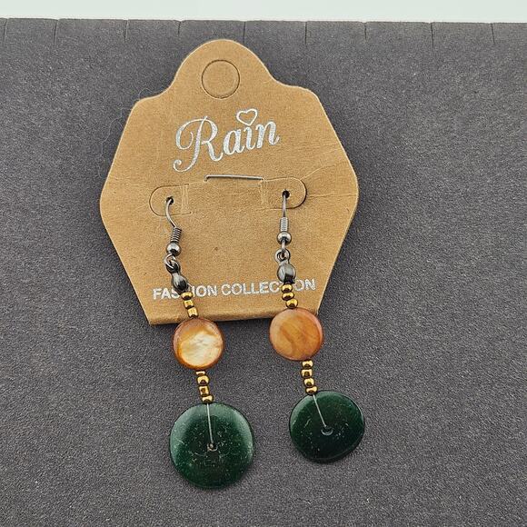 Rain Hook Dangle Earrings Green And Gold Stone Beaded Drop - Picture 1 of 6